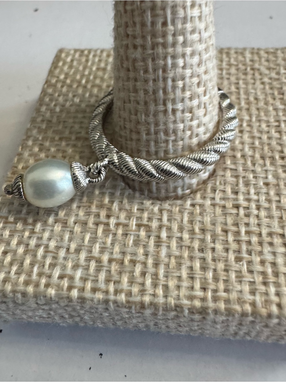 Judith Ripka 925 Silver Textured Twisted Band Ring w/ Beautiful Pearl Drop